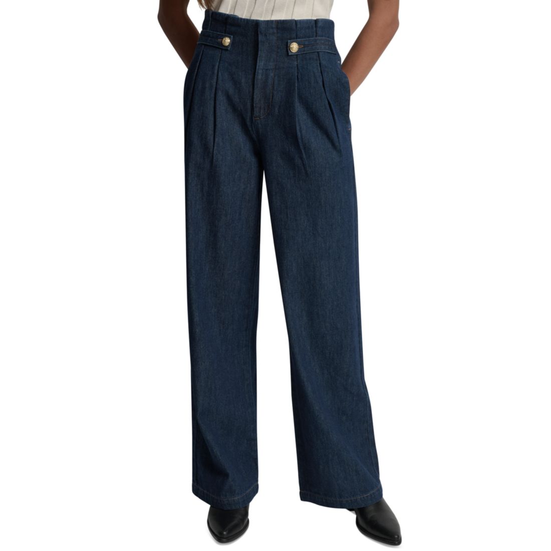 Dkny Jeans Women's Tab-Waist High Rise Wide Leg Cotton Denim Pants