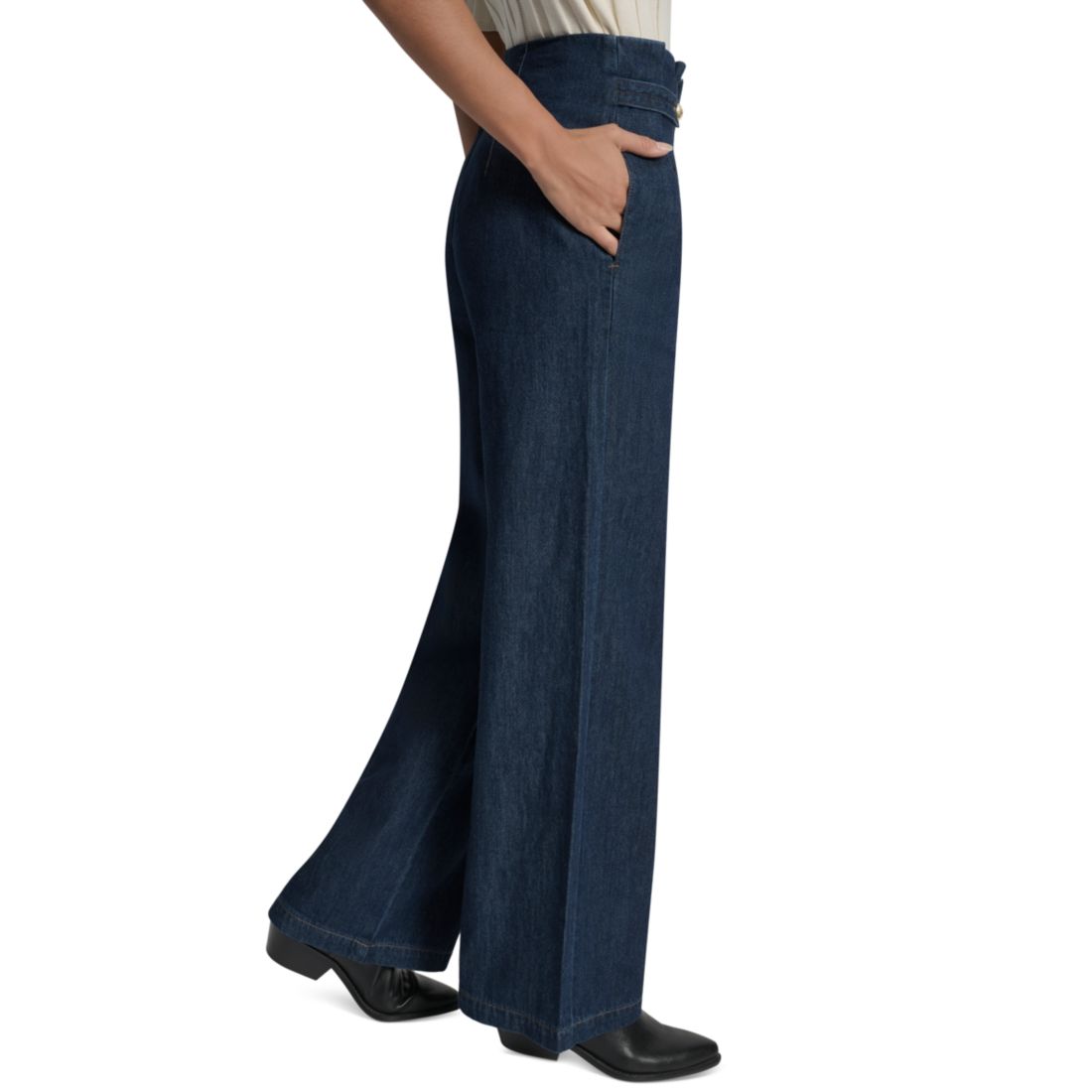 Dkny Jeans Women's Tab-Waist High Rise Wide Leg Cotton Denim Pants
