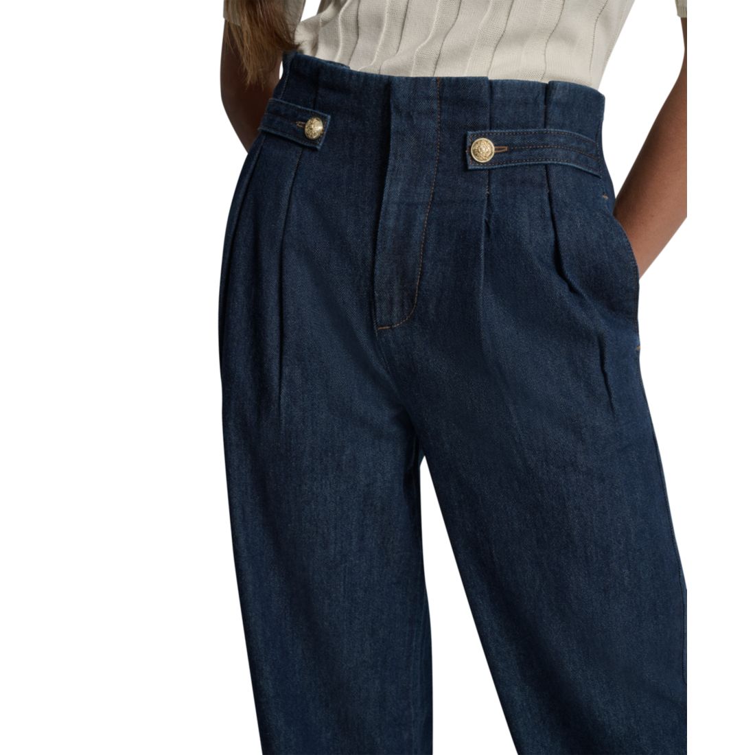 Dkny Jeans Women's Tab-Waist High Rise Wide Leg Cotton Denim Pants