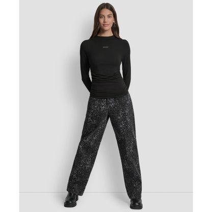 Dkny Jeans Women's Side Ruched High Neck Long Sleeve Top With Rhinestud Logo