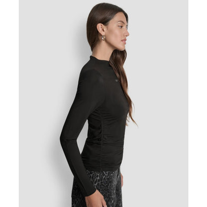 Dkny Jeans Women's Side Ruched High Neck Long Sleeve Top With Rhinestud Logo