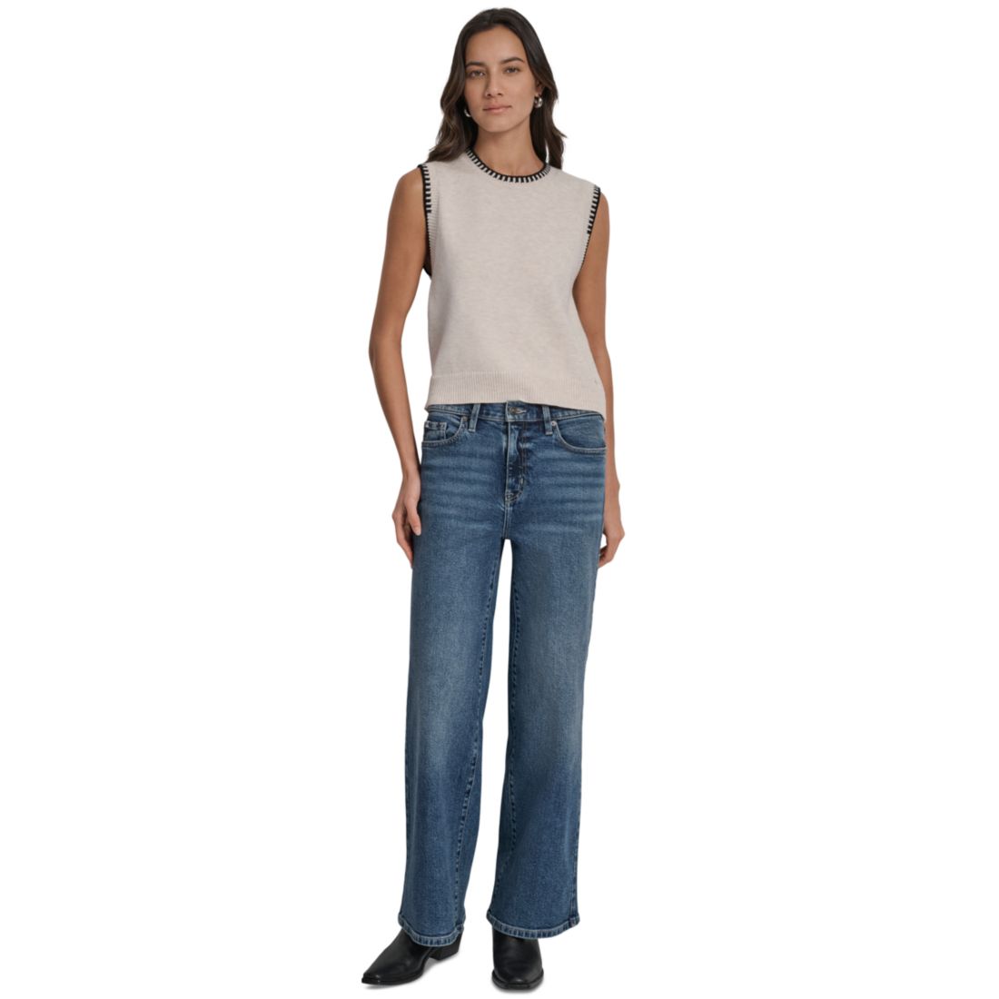 Dkny Jeans Women's Whipstitch Trim Crewneck Sleeveless Sweater