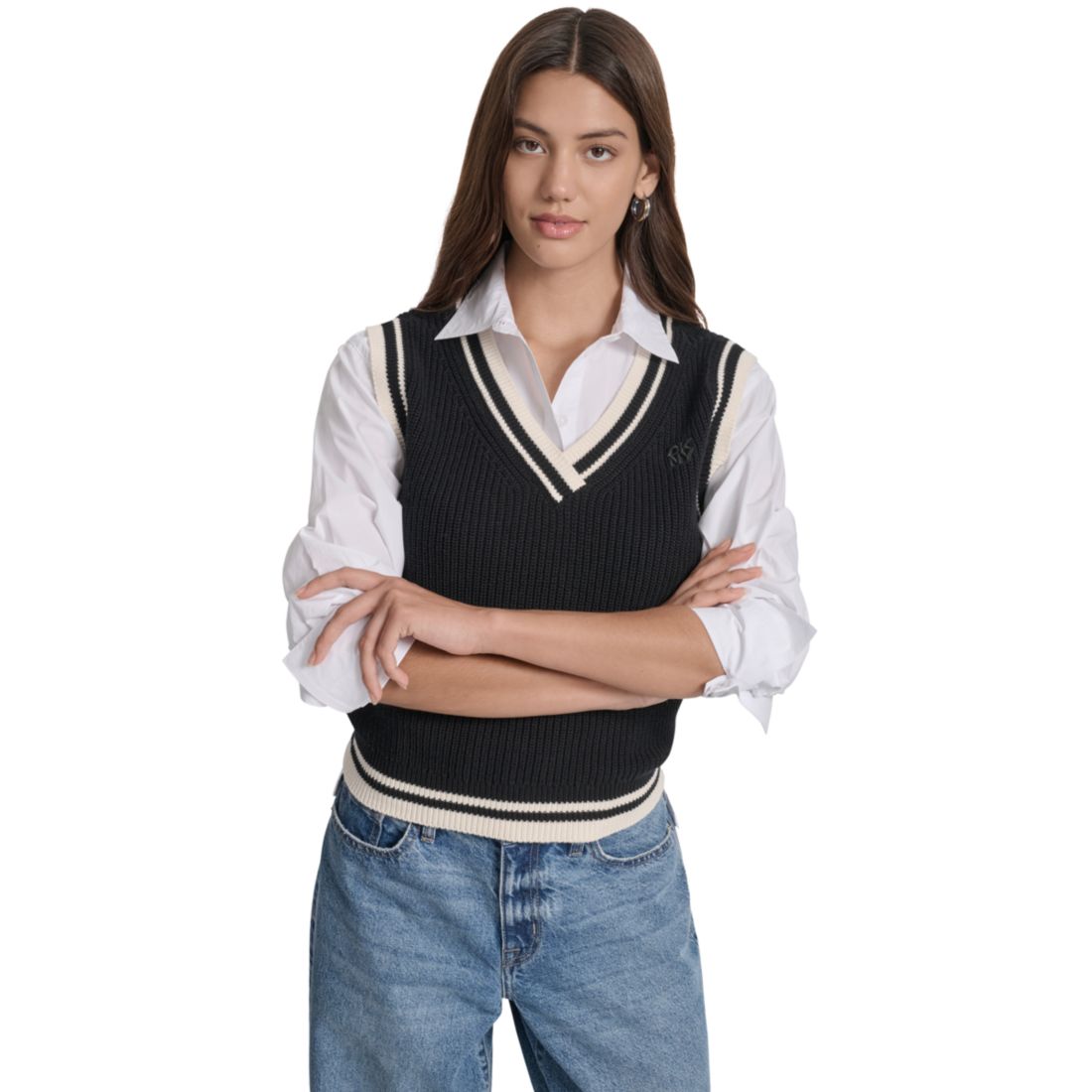 Dkny Jeans Women's Contrast Trim Cotton V-Neck Sleeveless Sweater