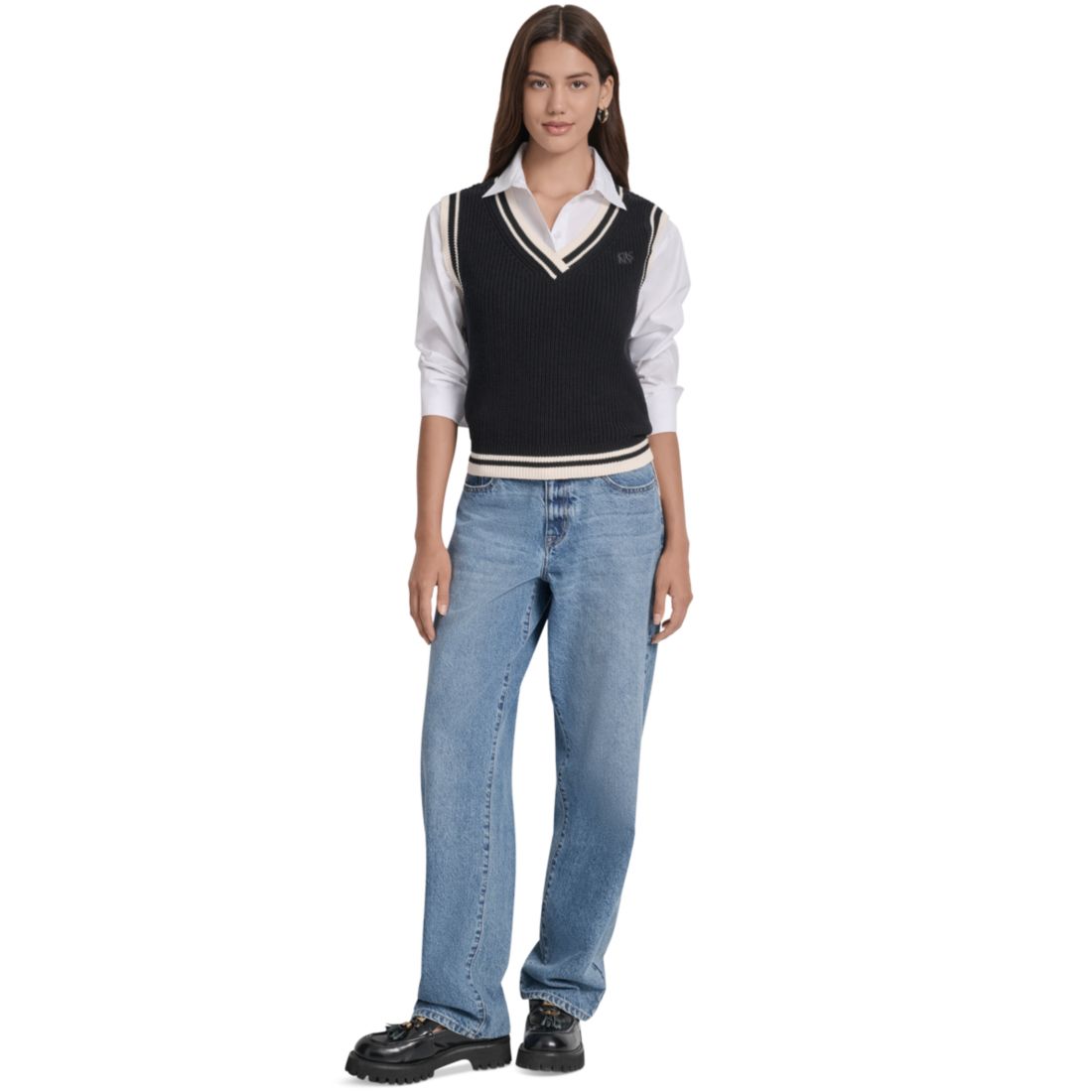 Dkny Jeans Women's Contrast Trim Cotton V-Neck Sleeveless Sweater