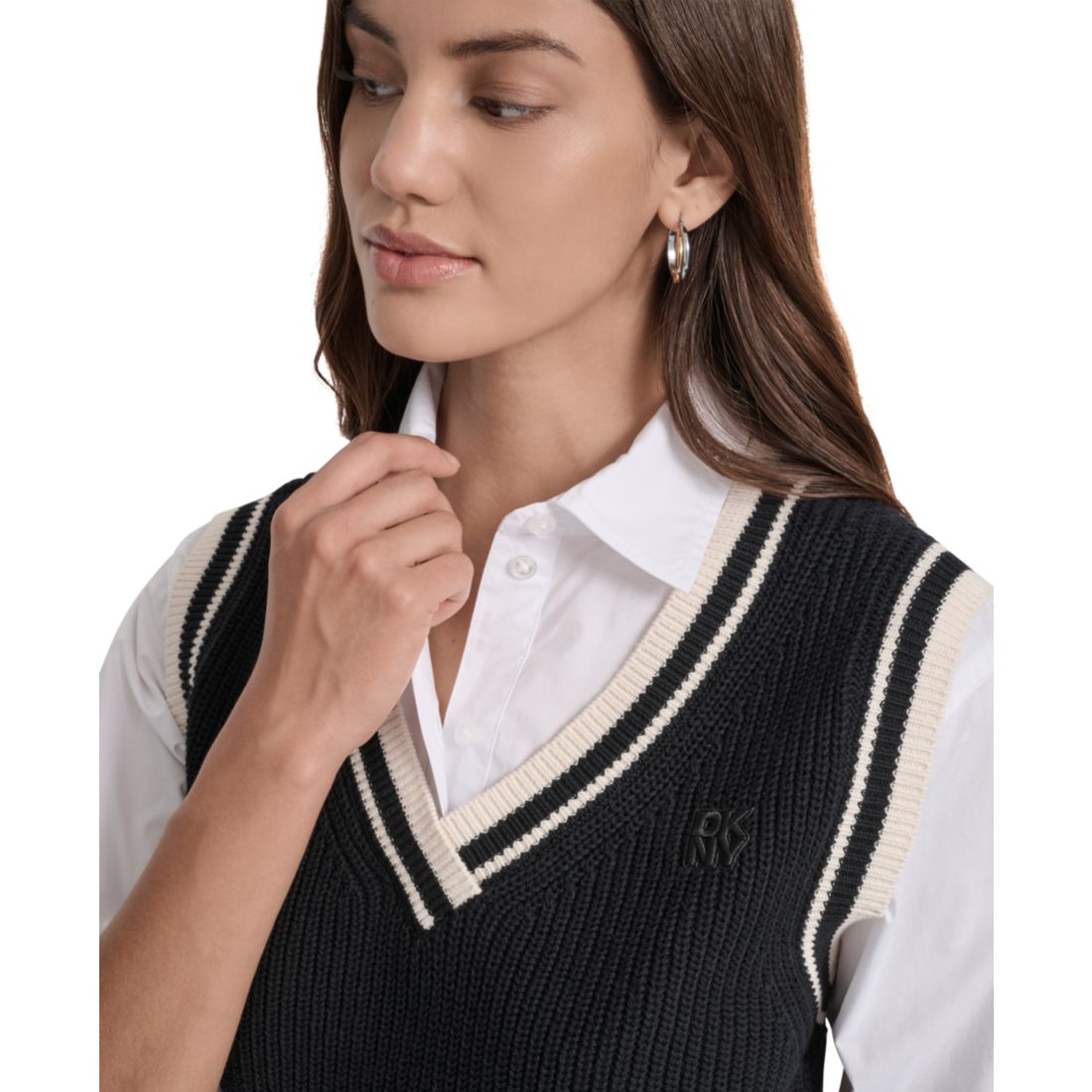 Dkny Jeans Women's Contrast Trim Cotton V-Neck Sleeveless Sweater