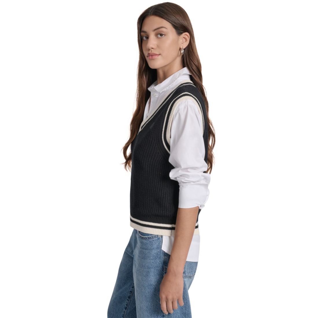 Dkny Jeans Women's Contrast Trim Cotton V-Neck Sleeveless Sweater