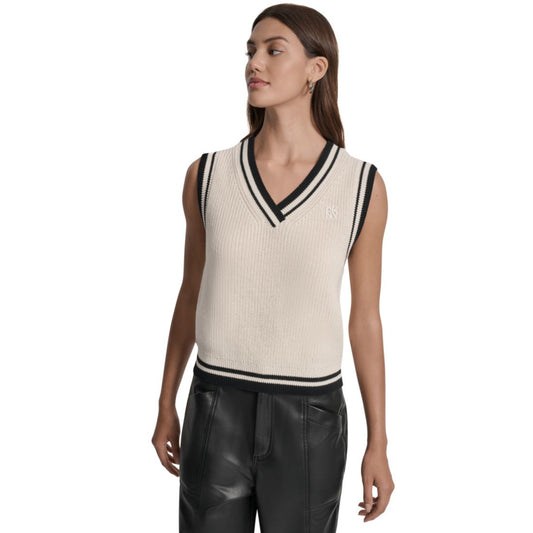 Dkny Jeans Women's Contrast Trim Cotton V-Neck Sleeveless Sweater