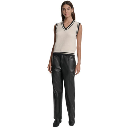 Dkny Jeans Women's Contrast Trim Cotton V-Neck Sleeveless Sweater