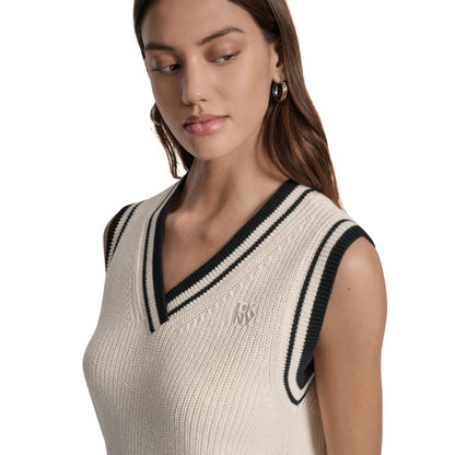 Dkny Jeans Women's Contrast Trim Cotton V-Neck Sleeveless Sweater