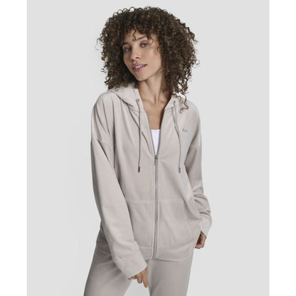 Dkny Women's Platinum Velour Rhinestone Logo Full-Zip Hoodie