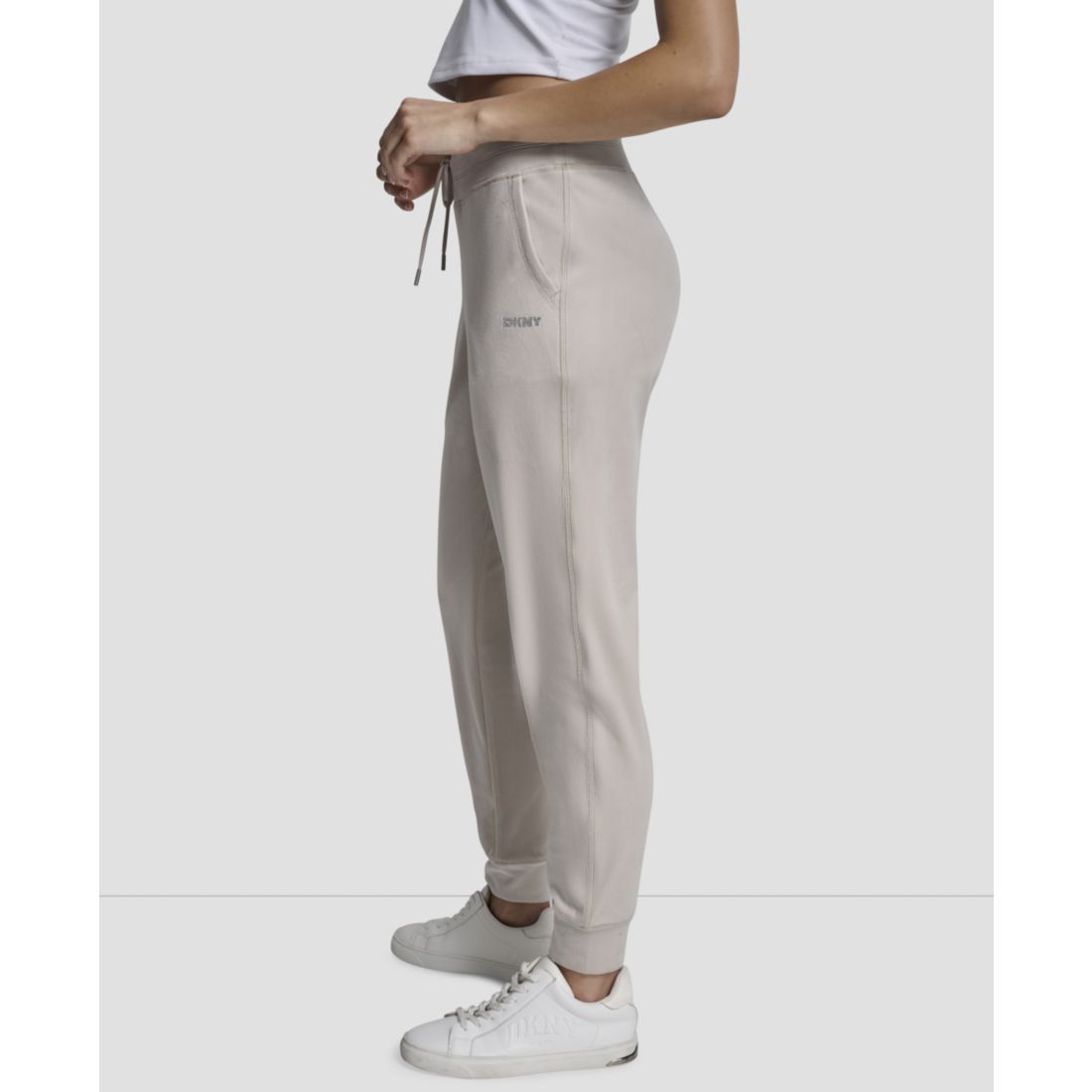 Dkny Women's Platinum Velour Rhinestone Logo Slim Fit Joggers