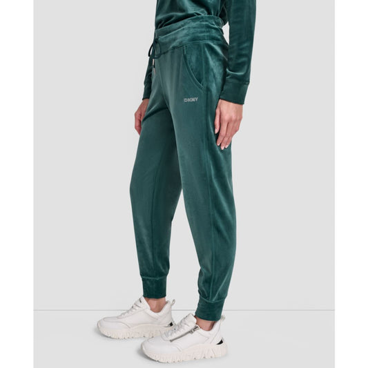 Dkny Women's Platinum Velour Rhinestone Logo Slim Fit Joggers