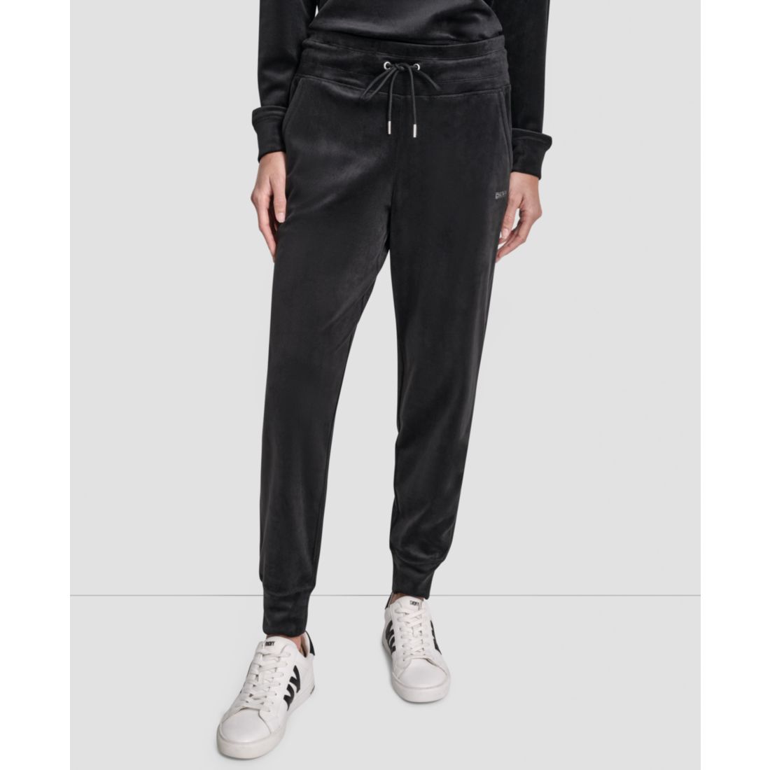 Dkny Women's Platinum Velour Rhinestone Logo Slim Fit Joggers