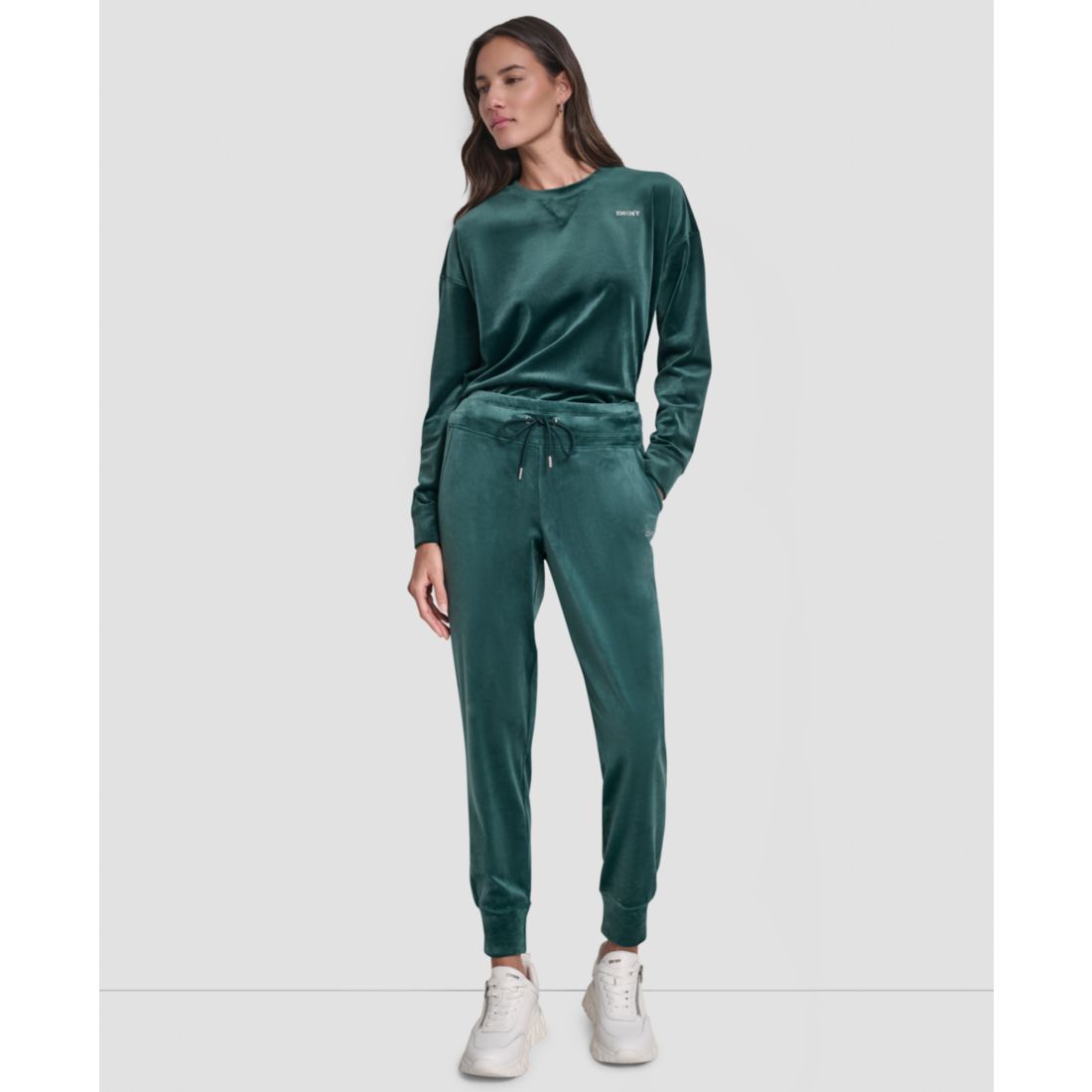 Dkny Women's Platinum Velour Rhinestone Logo Slim Fit Joggers