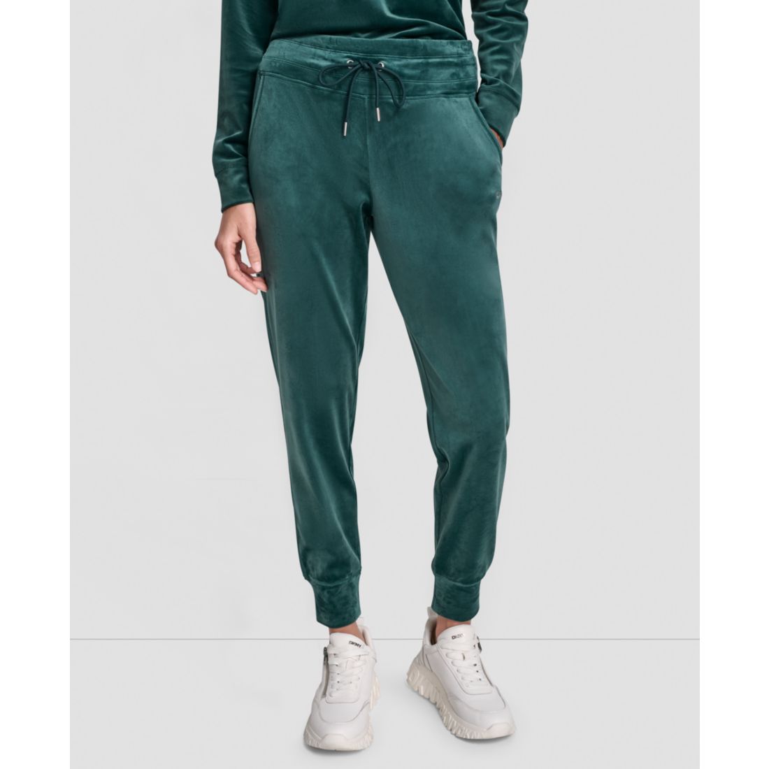 Dkny Women's Platinum Velour Rhinestone Logo Slim Fit Joggers