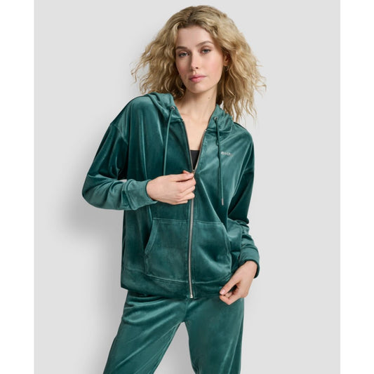 Dkny Women's Platinum Velour Rhinestone Logo Full-Zip Hoodie