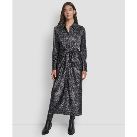 Dkny Jeans Women's Print Long Sleeves Satin Tie Dress