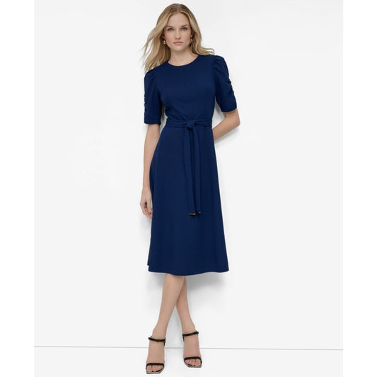 Dkny Women's Ruched-Sleeve Belted Fit and Flare Midi Dress