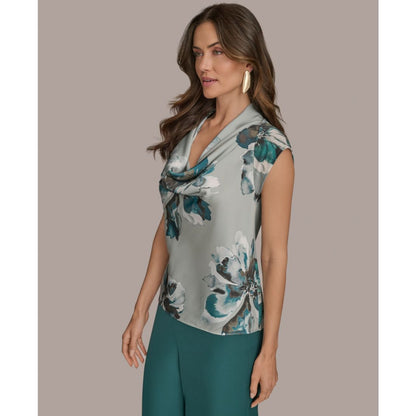 Donna Karan New York Printed Cap-Sleeve Cowlneck Top