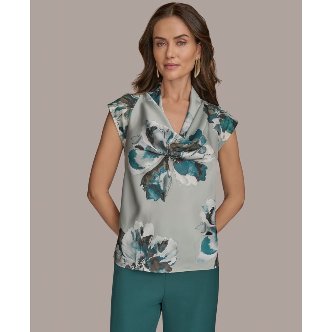 Donna Karan New York Printed Cap-Sleeve Cowlneck Top