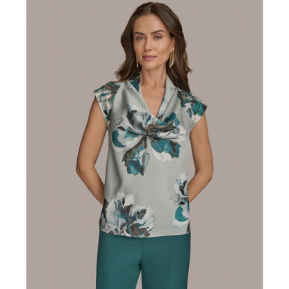 Donna Karan New York Printed Cap-Sleeve Cowlneck Top