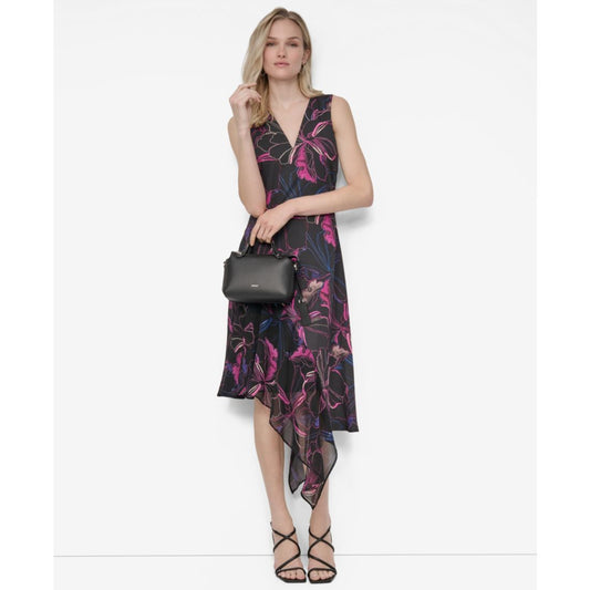 Dkny Women's V-Neck Sleeveless Asymmetrical Midi Dress