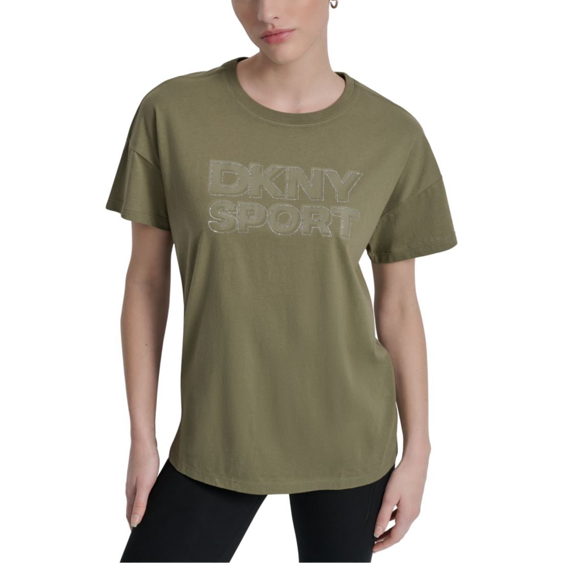 Dkny Sports Women's Rhinestone-Logo Drop-Shoulder T-Shirt - Iced Pear/ Silver