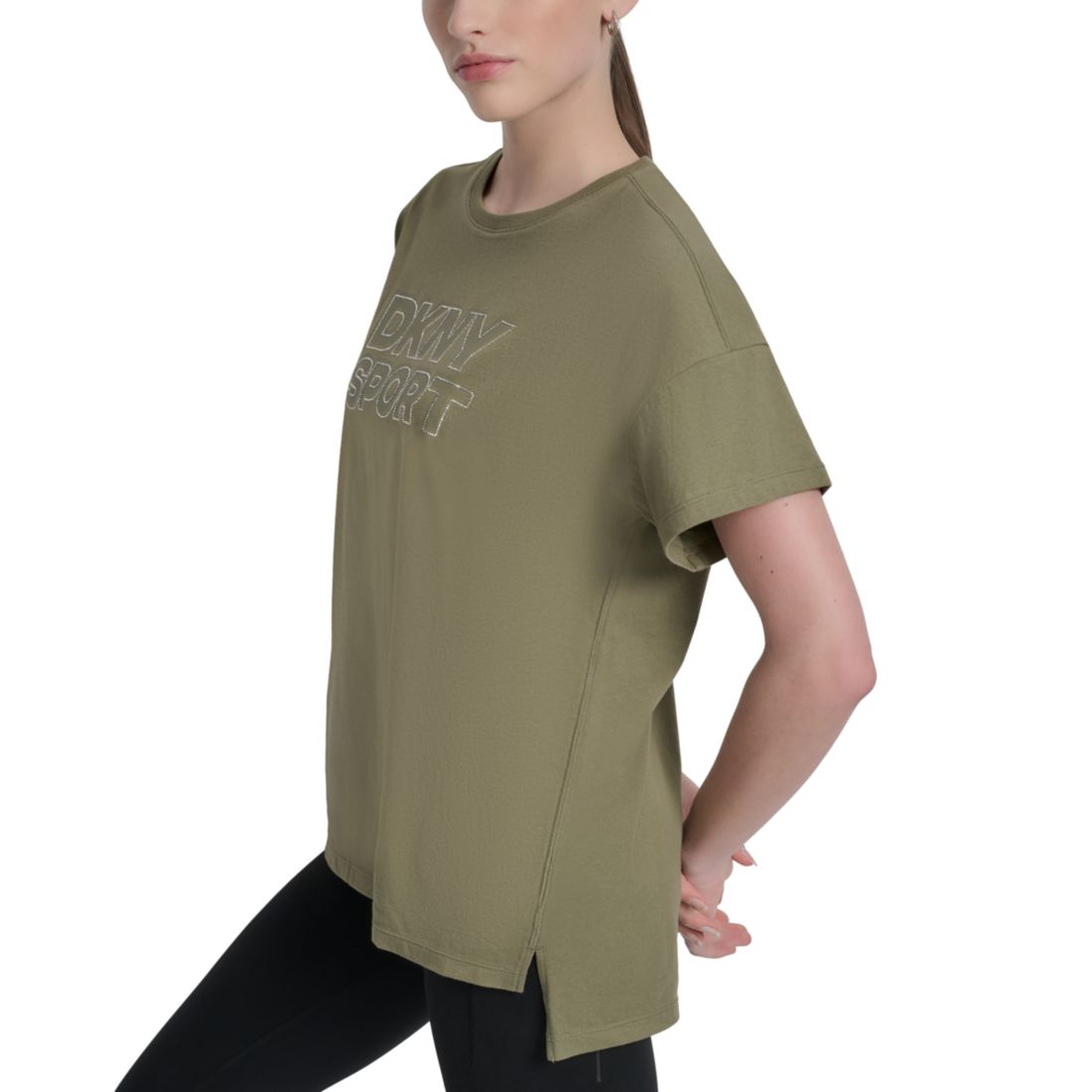 Dkny Sports Women's Rhinestone-Logo Drop-Shoulder T-Shirt - Iced Pear/ Silver