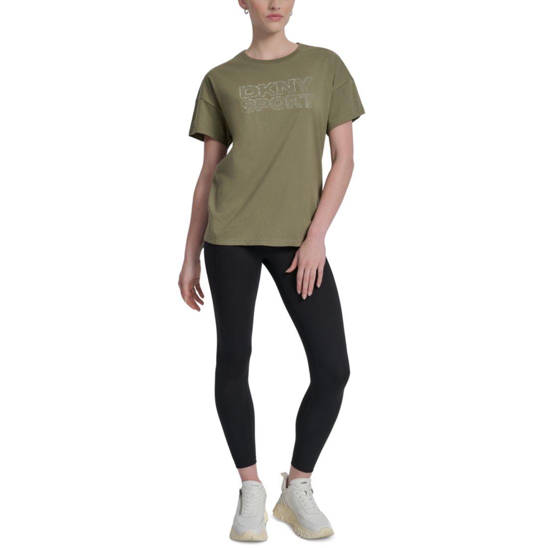 Dkny Sports Women's Rhinestone-Logo Drop-Shoulder T-Shirt - Iced Pear/ Silver