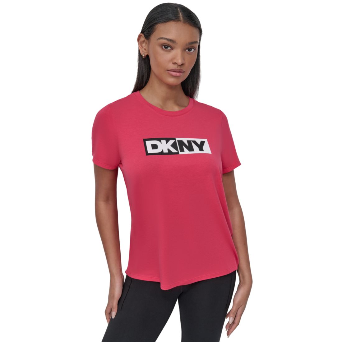 Dkny Sport Women's Colorblocked-Logo Crewneck T-Shirt - Azalea/ Black
