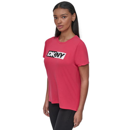 Dkny Sport Women's Colorblocked-Logo Crewneck T-Shirt - Azalea/ Black