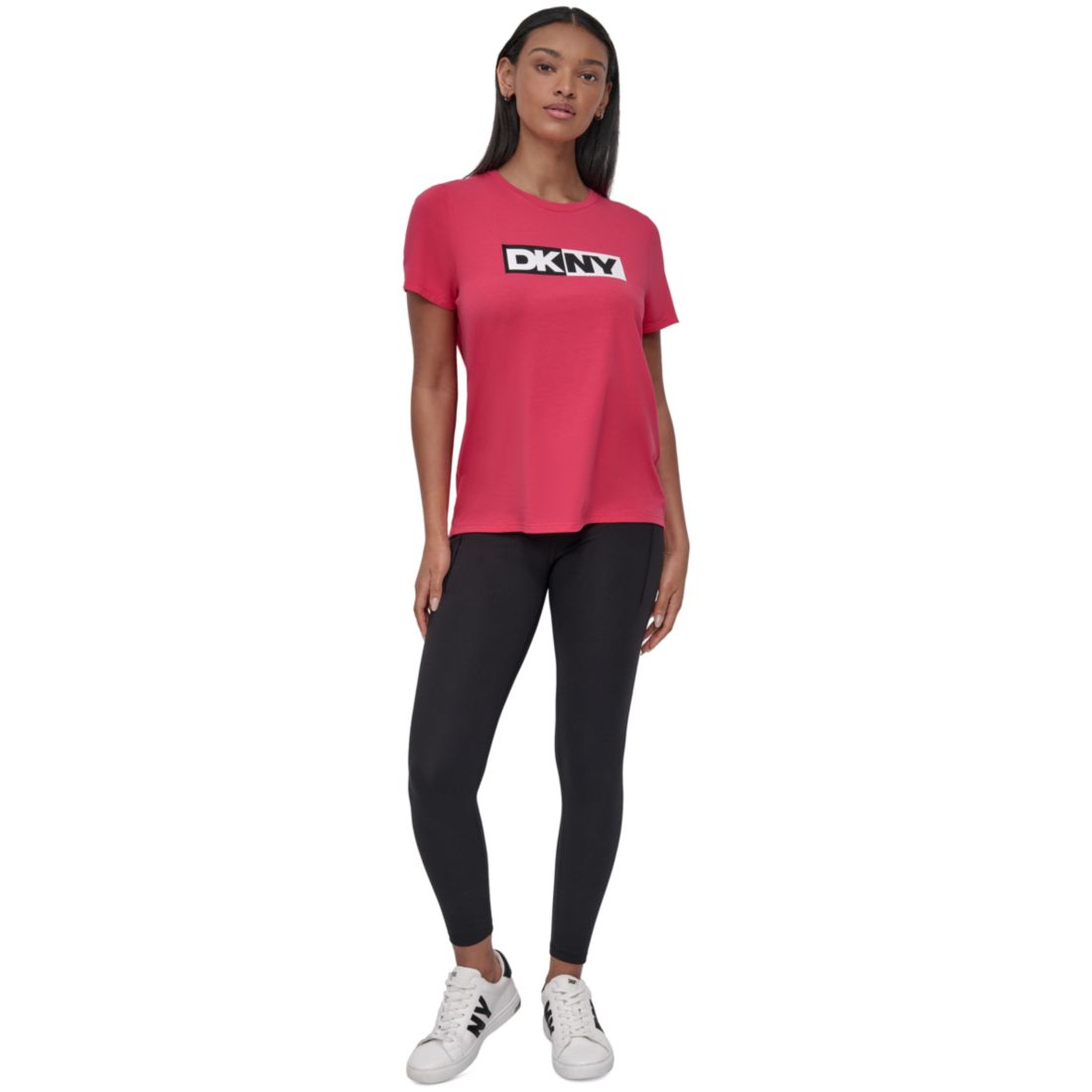 Dkny Sport Women's Colorblocked-Logo Crewneck T-Shirt - Azalea/ Black
