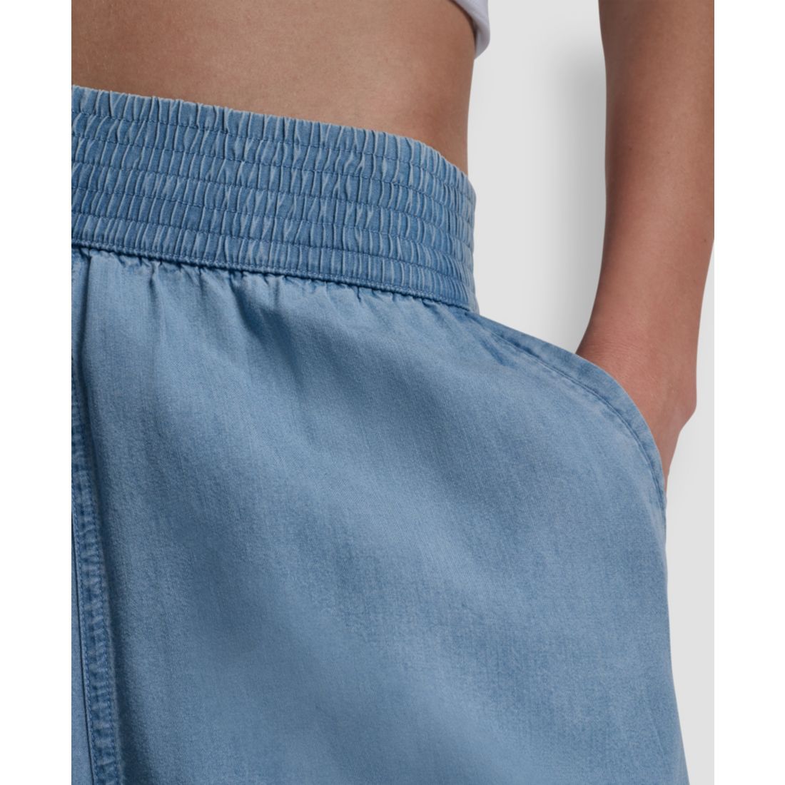 Dkny Jeans Petite Chambray Smocked-Waist Wide-Leg Ankle Pants