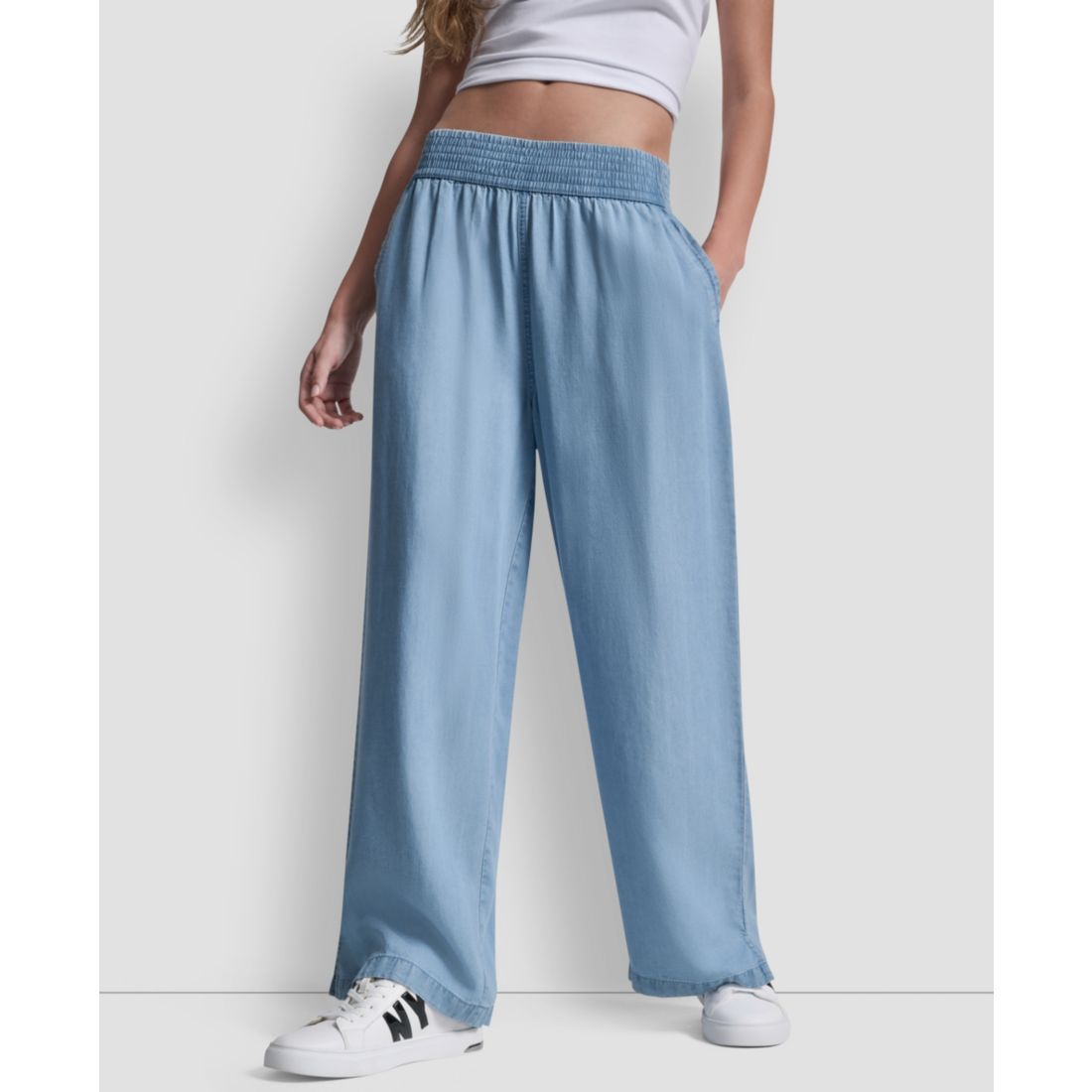 Dkny Jeans Petite Chambray Smocked-Waist Wide-Leg Ankle Pants
