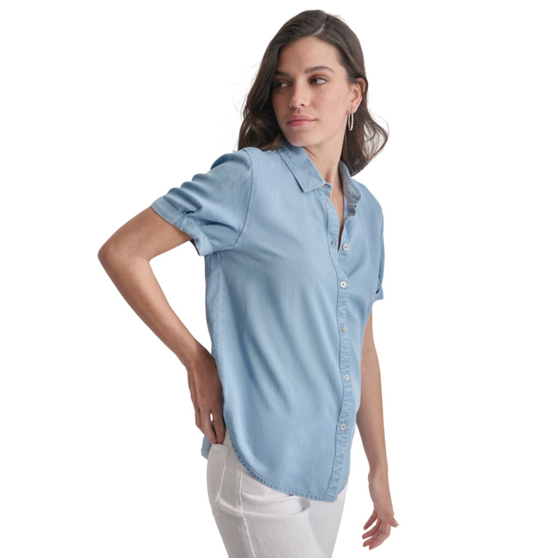 Dkny Jeans Petite Rolled Short-Sleeve Button-Up Shirt