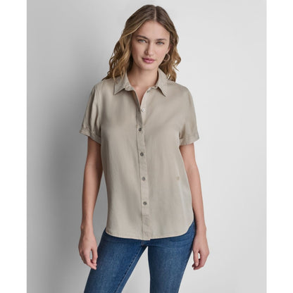 Dkny Jeans Petite Rolled Short-Sleeve Button-Up Shirt