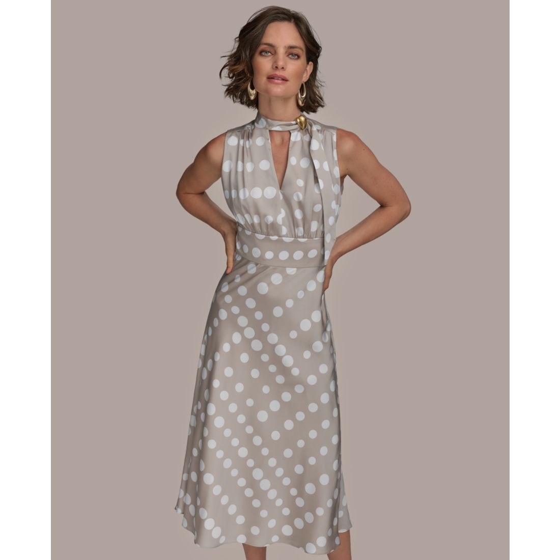 Donna Karan New York Women's Dot-Print Tie-Neck A-Line Dress