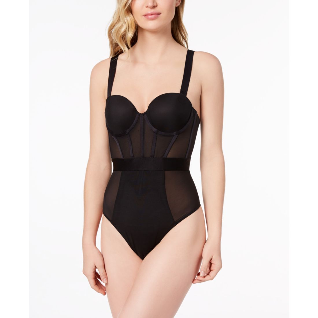 Dkny Women's Sheers Strapless Mesh-Panel Thong Bodysuit DK6008
