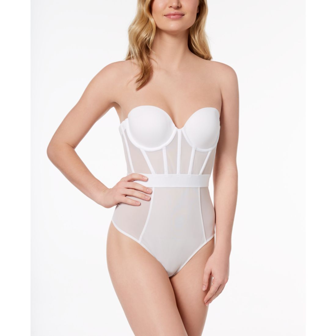 Dkny Women's Sheers Strapless Mesh-Panel Thong Bodysuit DK6008