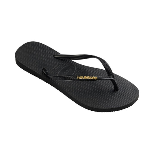 Havaianas Women's Slim Logo Metallic Slip On Sandals - Black, Golden
