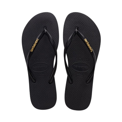 Havaianas Women's Slim Logo Metallic Slip On Sandals - Black, Golden
