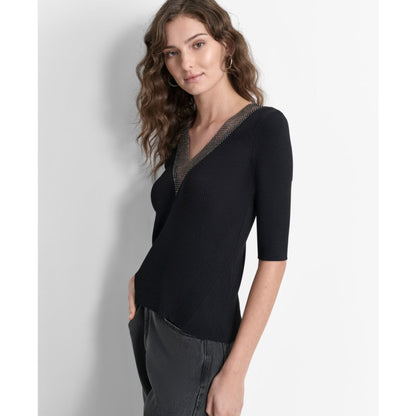 Dkny Women's Embellished-Neck Half-Sleeve Ribbed Sweater