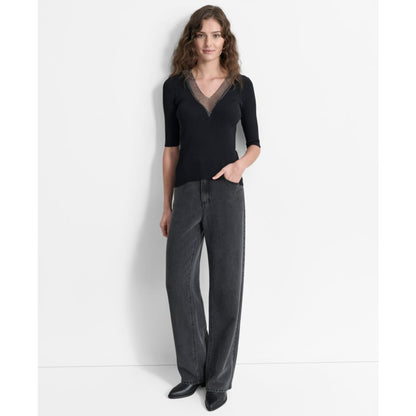 Dkny Women's Embellished-Neck Half-Sleeve Ribbed Sweater