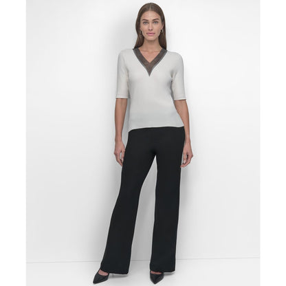 Dkny Women's Embellished-Neck Half-Sleeve Ribbed Sweater