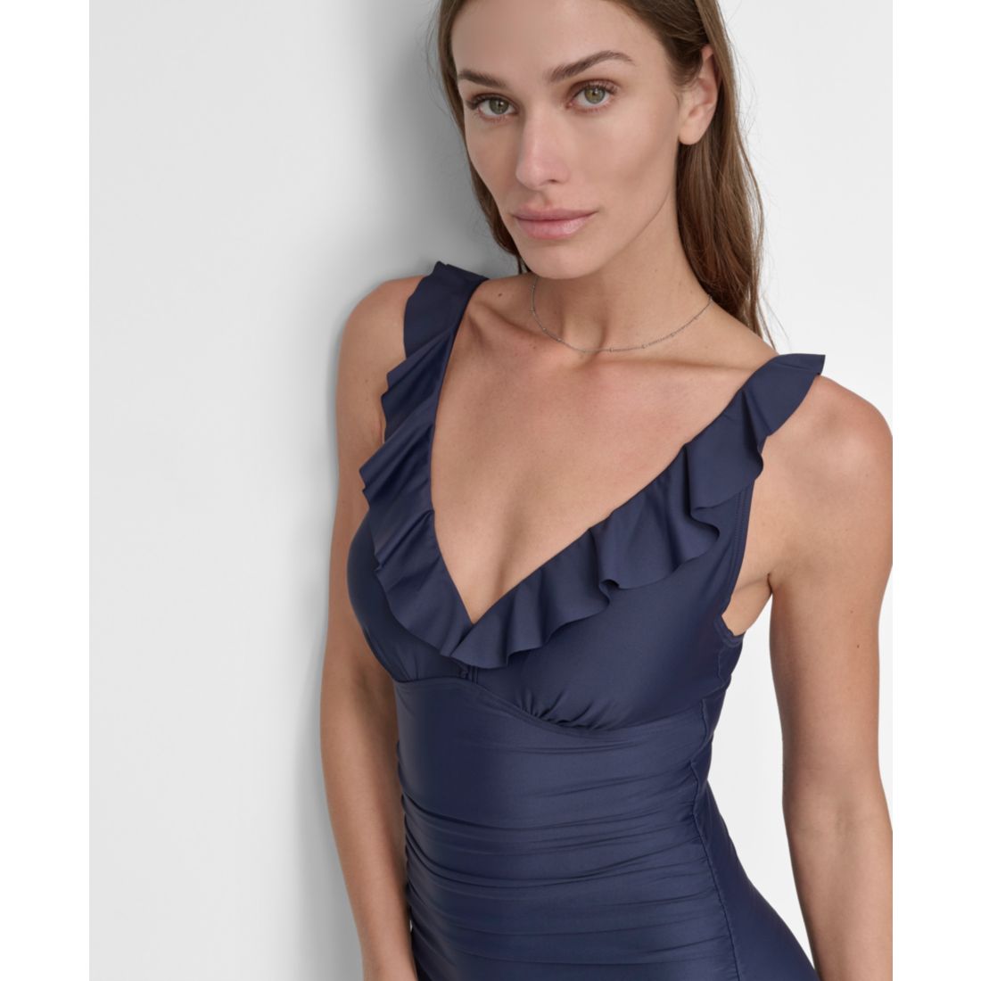 Dkny Ruffle Plunge Underwire Tummy Control One-Piece Swimsuit, Created for Macy's