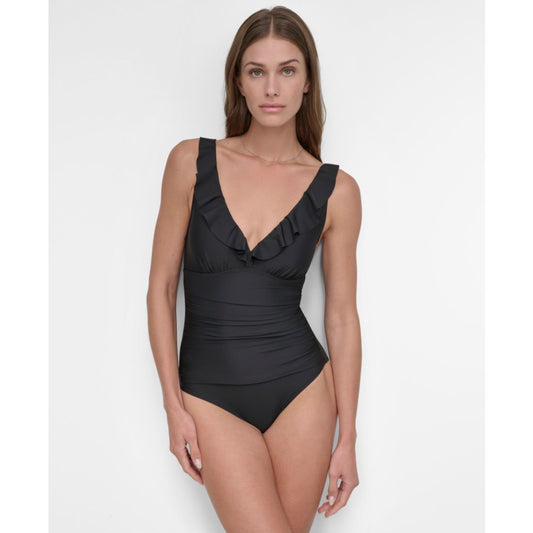 Dkny Ruffle Plunge Underwire Tummy Control One-Piece Swimsuit, Created for Macy's