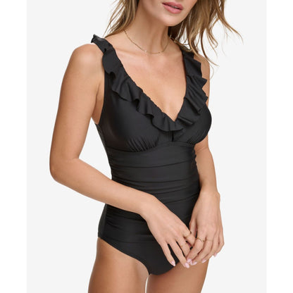 Dkny Ruffle Plunge Underwire Tummy Control One-Piece Swimsuit, Created for Macy's