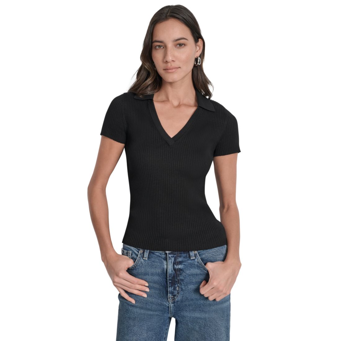 Dkny Jeans Womens Ribbed V-Neck Polo Sweater