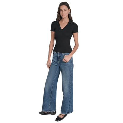Dkny Jeans Womens Ribbed V-Neck Polo Sweater
