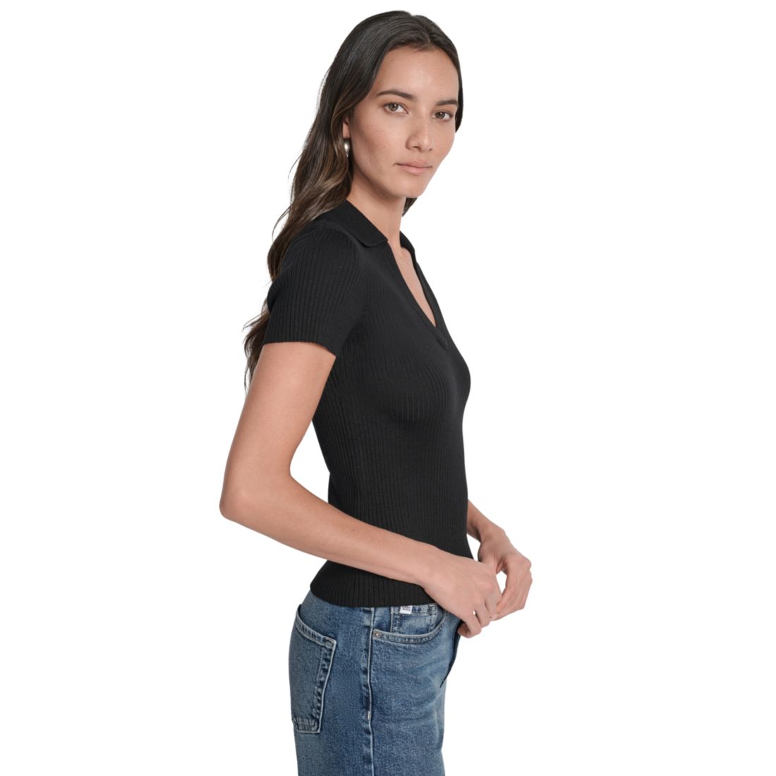 Dkny Jeans Womens Ribbed V-Neck Polo Sweater